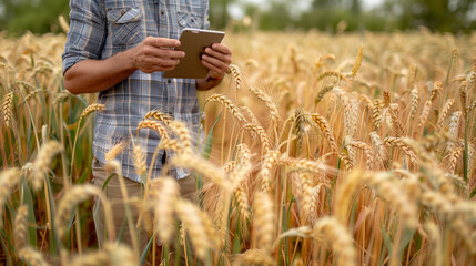 Man Standing in Wheat Field Holding Tablet. - obrazy, fototapety, plakaty