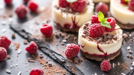 Elegant mini cheesecakes topped with fresh raspberries and chocolate pieces, drizzled with...