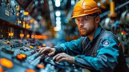An engineer working in a control room in a vast mineral extraction site. - obrazy, fototapety, plakaty