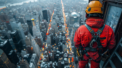 A man in workwear with a red jumpsuit, helmet, and engineering tools stands on a ladder in a building amidst the city's steel and metal structures.