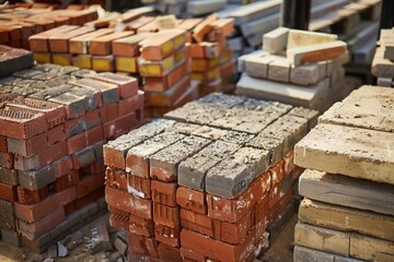 stack of bricks at a construction - obrazy, fototapety, plakaty