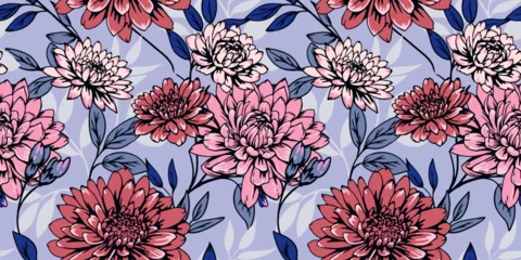 Zelfklevend Fotobehang Creative colorful flowers and leaves seamless pattern on a blue background. Vector hand drawn. Abstract artistic blooming floral printing. Template for designs, textile, fashion, print, fabric © incarnadine