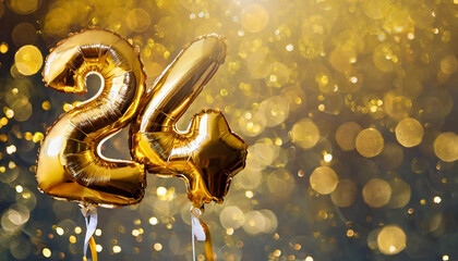 Banner with number 24 golden foil balloon. Twenty four years anniversary celebration. Golden bokeh