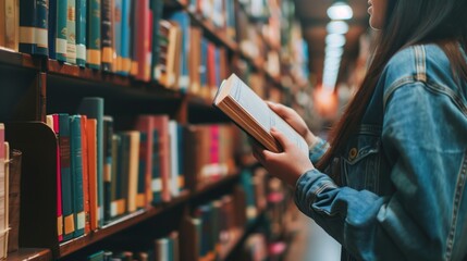 a girl taking a book from the shelf of the library - obrazy, fototapety, plakaty