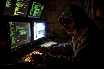 Fototapeta na wymiar A Figure of a hacker with a hoodie sits in a dark room