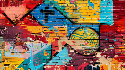 Fototapeta premium Colorful red yellow and blue graffiti on a brick wall.