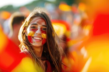 Spanish soccer fan woman with national flag of spanish painted on her face.. Celebrating crowd in a...