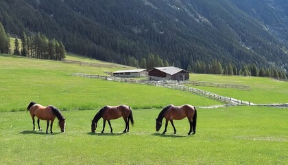 Rural stage with horses in the fields of Canillo in Andorra - obrazy, fototapety, plakaty