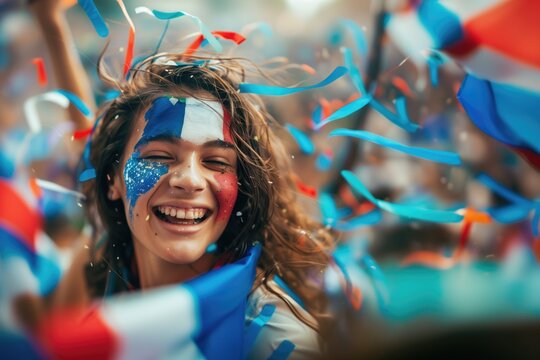 France soccer fan woman with national flag of france painted on her face.. Celebrating crowd in a stadium. Cheering during a match in stadium