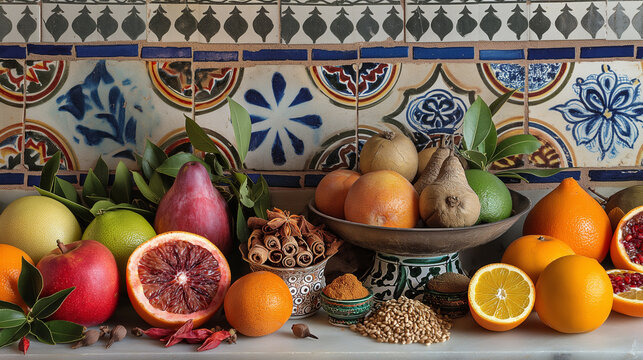 colorful still life of exotic fruits and spices on a traditional tile backdrop