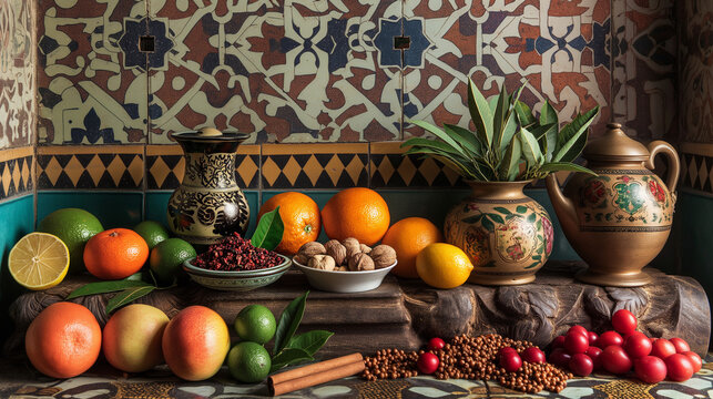 colorful still life of exotic fruits and spices on a traditional tile backdrop