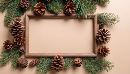 Obraz na płótnie Canvas Top view Christmas decoration. Frame of twigs christmas tree, brown natural pine cones with space for text, flat lay