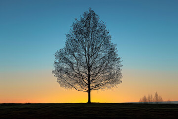 Fototapeta na wymiar Lone Tree Shining in the Warm Light at Spring Dusk: The Silhouette Evokes the End of the Day and Spring, While Expressing Hope for Renewal and a New Beginning