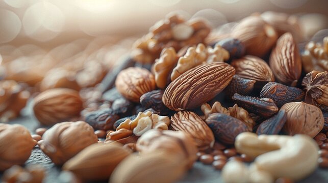 Fresh nuts and seeds, closeup, photorealistic rendering, natural light, white background ,super realistic,soft shadowns