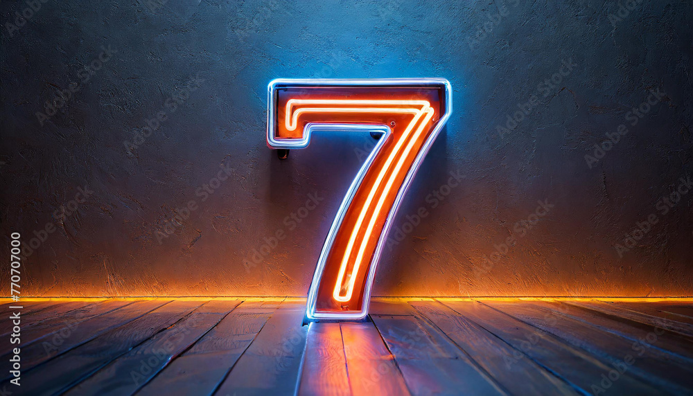 Poster image of glowing neon number 7, made from neon light. 3d rendering. dark backdrop.