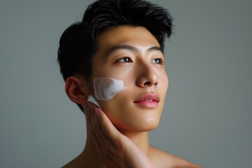 Asian man applies a cosmetic cream to the skin of his face isolated on gray background. Skin care concept, minimalistic studio photo.