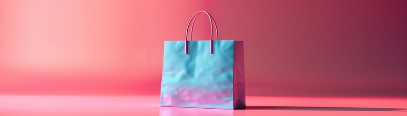 Minimalist 3D shopping bag, vibrant against soft pastel fuchsia, emblem of chic retail