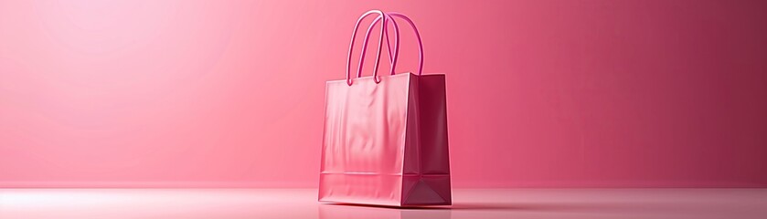 Minimalist 3D shopping bag, vibrant against soft pastel fuchsia, emblem of chic retail - obrazy, fototapety, plakaty