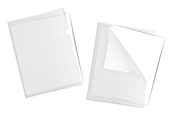 Clear plastic L-shape file folder with white blank paper sheets inside. Realistic mockup. PVC corner document sleeve holder cover. Vector mock-up - 770707677