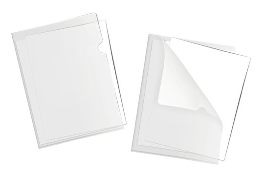 Clear plastic L-shape file folder with white blank paper sheets inside. Realistic mockup. PVC corner document sleeve holder cover. Vector mock-up