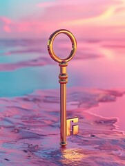 Radiant golden 3D key icon, standing out on a soft pastel sunset backdrop