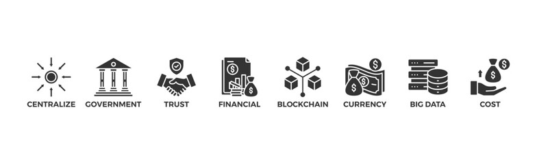 Cbdc banner web icon of central bank digital currency with icons of centralize, government, trust, financial, blockchain, currency, big data and cost	