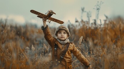 Child pilot aviator with airplane dreams of traveling in summer in nature at sunset - Powered by Adobe