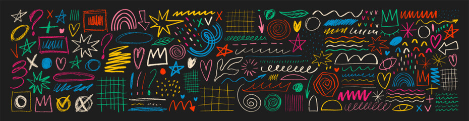 Colorful hand drawn various doodle shapes, pencil arrows, stars, hearts and crown. Charcoal pencil scribble lines for hand drawn diagrams.