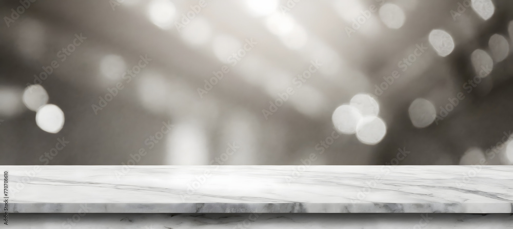Poster white stone marble table top and blurred abstract background from interior building banner. generati