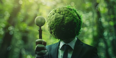 A blob of microalgae delivers a political speech, symbolizing unexpected voices advocating for environmental issues and ecological awareness.