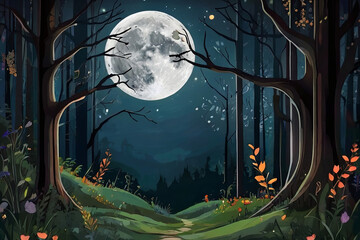 Enter a mystical realm with an abstract fairy tale forest landscape under the enchanting glow of a full moon