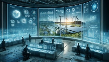 Visualize an advanced AI system monitoring a renewable energy grid. The scene unfolds in a sleek, high-tech control room filled with transparent, holographic displays showing intricate data maps - obrazy, fototapety, plakaty