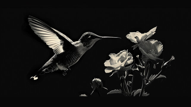/imagine A striking silhouette vector of a hummingbird in mid-flight, its wings blurred by motion, hovering over a bloom, captured in high definition against a black background.