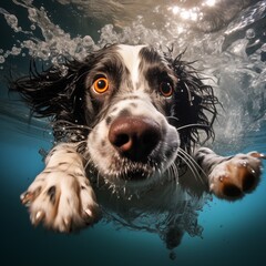 Happy dog is swimming, jumping, diving deep down. Actions, training games with family pets and popular dog breeds on summer vacation. Underwater shoot - obrazy, fototapety, plakaty