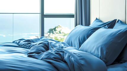 Tranquil bedroom scene, with blue, silk bedding against ocean view, evoking atmosphere for relaxation and rest,with soft daylight filtering, emphasizing healthy relaxing, comfort and peaceful retreat