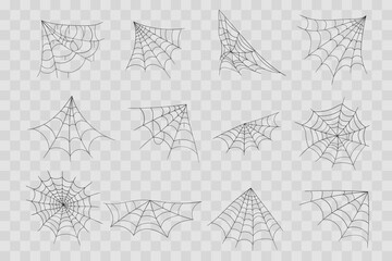 Halloween cobweb, frames and borders, scary elements for decoration. Hand drawn spider web or cobweb. Line art, sketch style spider web elements, spooky, scary image. Vector illustration.
