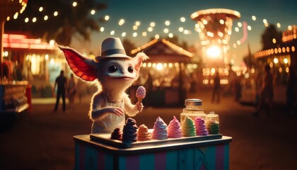 Envision a charming creature, donning a white hat, engaged in the whimsical act of selling ice cream at a vibrant fun park. This scene, captured through the lens of cinematic photography, unfolds