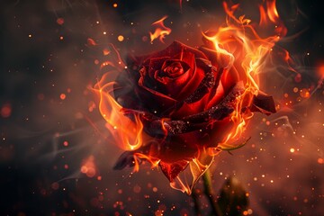 Red rose flower on fire dark background