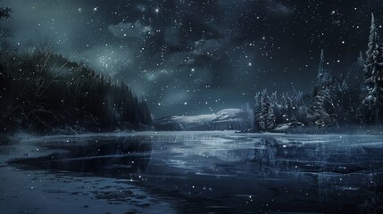 Night Scene With Lake and Stars in the Sky