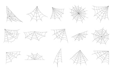 Halloween cobweb, frames and borders, scary elements for decoration. Hand drawn spider web or cobweb. Line art, sketch style spider web elements, spooky, scary image. Vector illustration.
