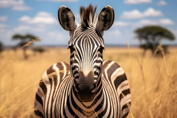 Striped Zebra on Serengeti Plains - obrazy, fototapety, plakaty