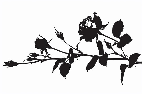 Long-stemmed rose silhouette, elegant and slender, perfect for a bouquet, white background.