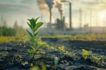 Decarbonization, featuring a vibrant green plant in the foreground with a CO2 - obrazy, fototapety, plakaty