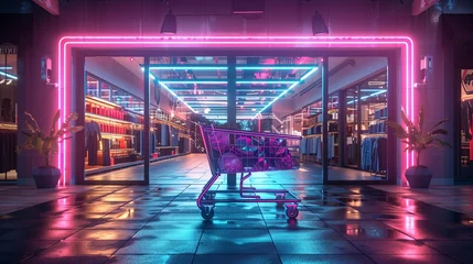 Fotobehang 3D rendering of a shopping cart under a canopy of neon lights inside a contemporary store. The cart, outlined with neon strips, casts a spectrum of colors on the surrounding area. © Riz