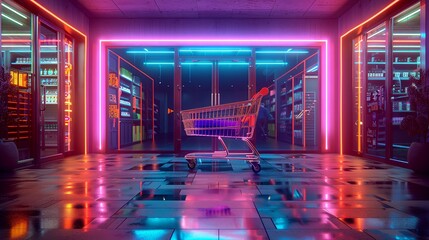 A 3D rendering of a futuristic shopping cart filled with glowing, neon-colored products, positioned at the entrance of a modern store. - obrazy, fototapety, plakaty