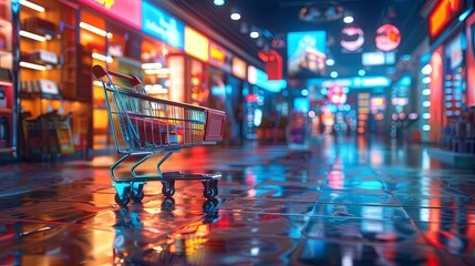3D rendering of a sleek, modern store aisle, illuminated by vibrant neon lights. A shopping cart, accented with neon colors, stands prominently in the foreground,