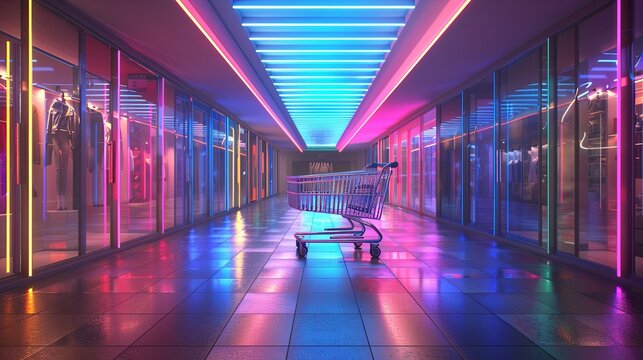 3D rendering of a shopping cart under a canopy of neon lights inside a contemporary store. The cart, outlined with neon strips, casts a spectrum of colors on the surrounding area.