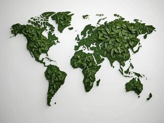 Eco World map with green leaves covering all countries on white background. Earth Day concept