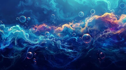 abstract concept of a cosmic ocean with vivid neon colors resembling an otherworldly underwater scene with floating bubbles and swirling waves, - obrazy, fototapety, plakaty