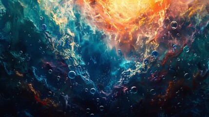 abstract concept of a cosmic ocean with vivid neon colors resembling an otherworldly underwater scene with floating bubbles and swirling waves, - obrazy, fototapety, plakaty